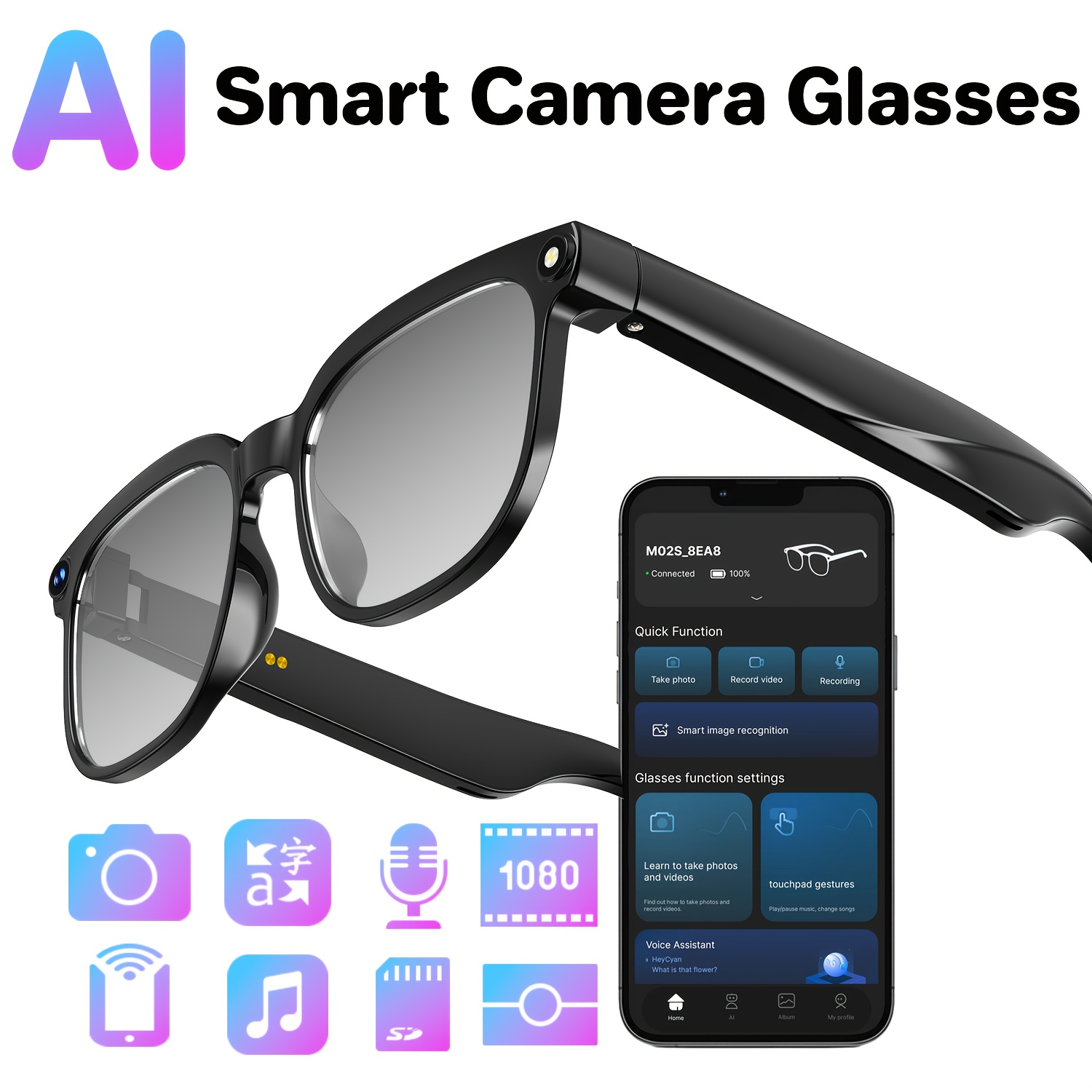 Smart camera glasses, 8-megapi - đánh giá và giá Audio Music Recognition